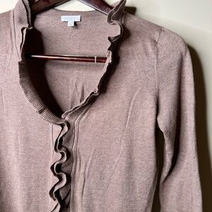 NWOT Talbots 100% cotton brown Ruffle Front Knit Cardigan Taupe Feminine Classic